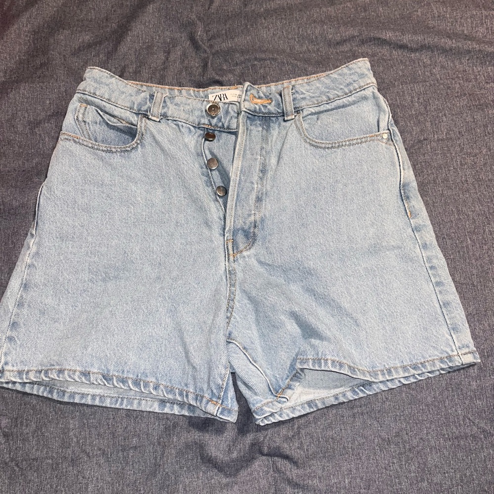Zara Sky Blue Button-Fly Denim Shorts